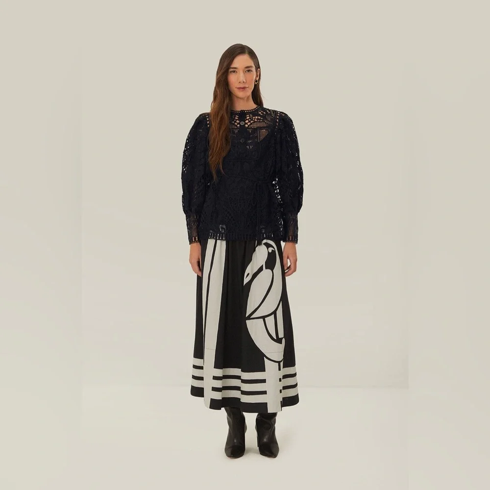 FARM Rio Black Guipire Puff Sleeve Blouse